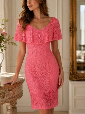 Lauren Ralph Lauren Coral Lace Ruffle Neckline Midi Dress Feminine Elegant 4